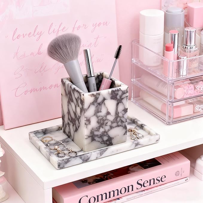 Marble Pen Holder, White Stone Rectangular Desktop Organizer, Office Study Makeup Brush Storage, Home Desk Decor, Minimalist Design, Durable Marble Accessory
