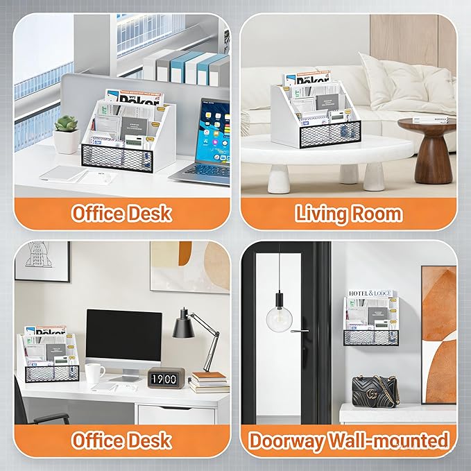 Mail Organizer Countertop,Wooden Mail Holder,4 Slot Letter Holder for Desktop,Vintage Desk Orgaizer for Fill,Bill (White)