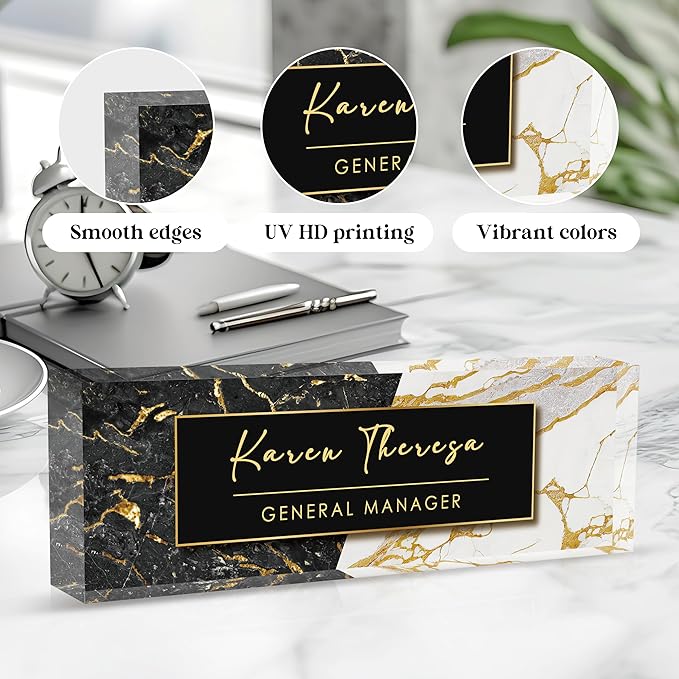 Custom Office Name Plate, Personalized Gifts for Men, Appreciation Gifts for Employee Coworkers Boss Teacher, Office Desk Accessory (Black Marble)