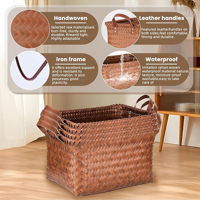 Storage Baskets 4-Pack - Woven Laundry Basket Organizer, 15x11x10.5 Inch Open Hamper Bins for Clothes Blanket Storage, Shelf Closet Organization, 25L Handwoven Rattan Baskets for Home Decor