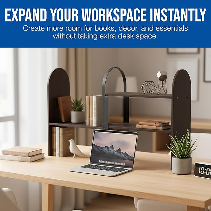 Maplefield Desk Hutch Expandable Shelf Organizer, Walnut Finish, Engineered Wood Desktop Storage Rack for Office, Dorm, or Home – Adjustable Over Desk Bookshelf for Supplies, Decor & Accessories