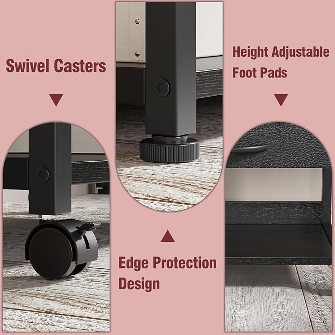 Large Printer Stand with Storage Fabric Drawer Under Desk Printer Table with Wheels for Home Office, Printer Cart fit Fax Machine Scanner (Black, 3 Tiers)