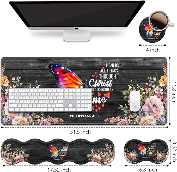 Ergonomic Keyboard Wrist Rest & Mouse Pad Wrist Rest Set, Large XXL Gaming Desk Mat 31.5"x 11.8", Memory Foam, Easy Typing Pain Relief for Office & Home, Butterfly Quote Bible Verse Philippians 4-13