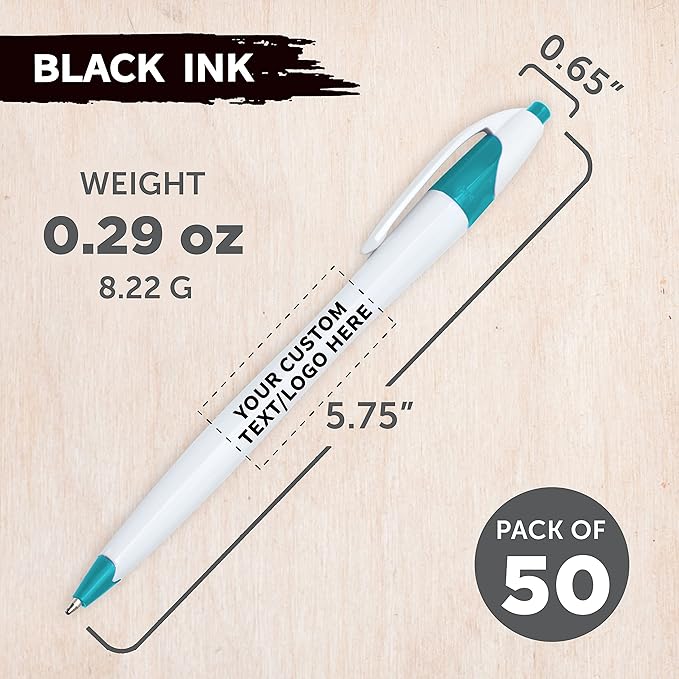 DISCOUNT PROMOS Custom Slim Curvy Ballpoint Pens Set of 50, Personalized Bulk Pack - Black Ink, Retractable, Great for Office, School, Tradeshows - Teal