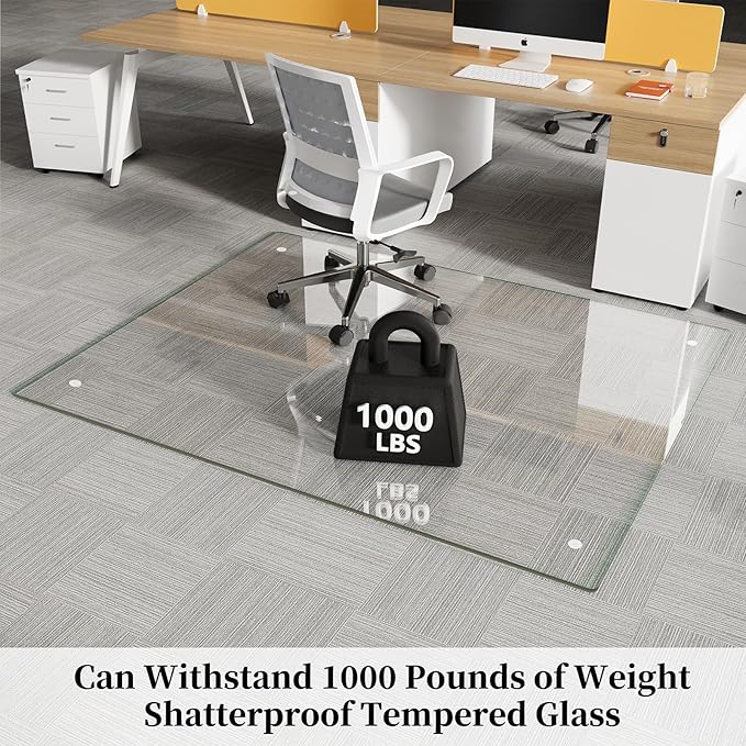FlyEcho Glass Chair Mat 36" x 55" Heavy Duty Tempered Glass Office Chair Mat, Glass Floor Mat with Round Corner and Polished Edge for Smooth Glide, Carpet Hardwood Floor Protector