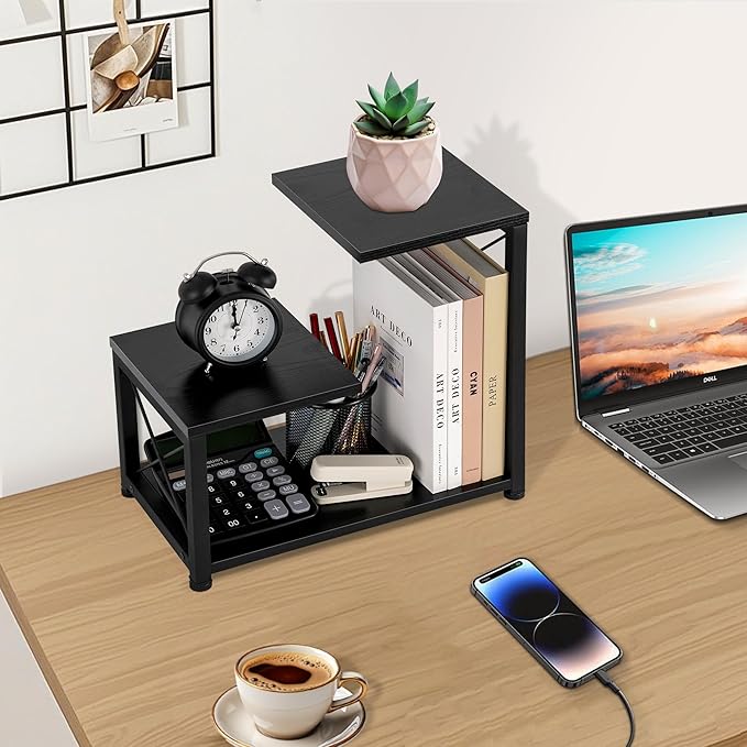 Desk Shelf Organizer, 3 Tier Storage Shelf Riser Display Stand, Wood Desktop Organizer Small Bookshelf, Desktop Shelf for Office Decor and Desk Accessories,Rustic Brown Black