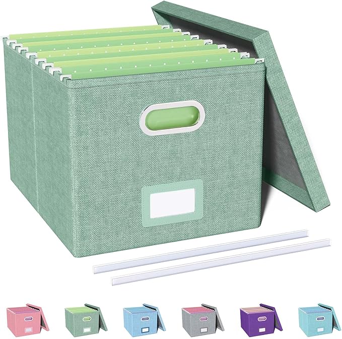 Oterri File Organizer, File Box, File Cabinet for Letter File Folder Storage, Portable Storage Bins with Lids for Office/Decor/Home,Document Organizer, 1 Pack,Green-Box Only