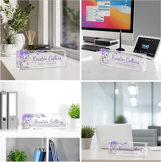Custom Name Plate for Desk, Personalized Desk Name Plate on Clear Acrylic Glass, Appreciation Gifts for Teacher Employee Boss Coworkers Nurse, Office Desk Accessories for Women Men (Lavender)