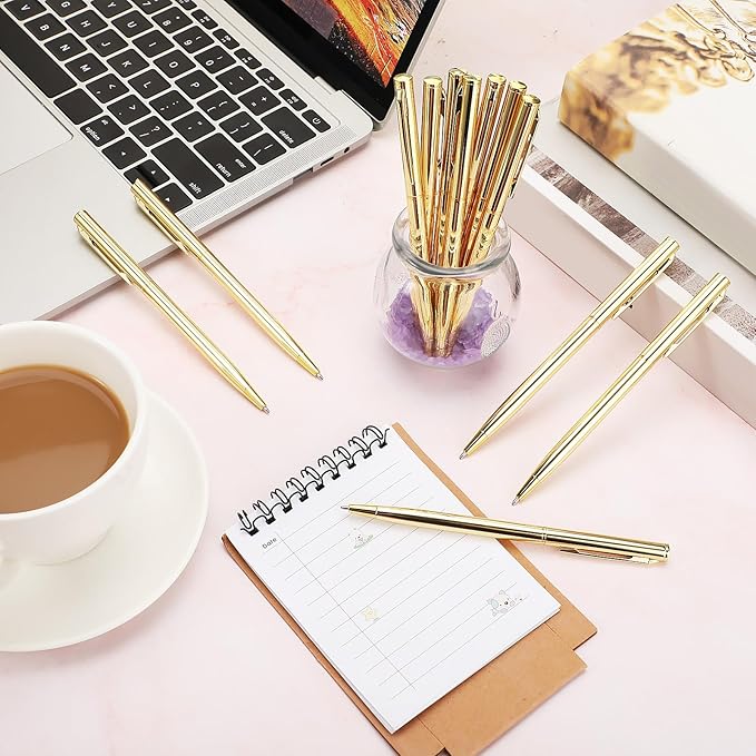 Zonon 15 Pieces Gold Metal Slim Ballpoint Pens Bulk Retractable Metallic Black Ink 1 mm Medium Point Smooth Writing Pens for Wedding Business Office Supplies Students Teachers Men Women Present