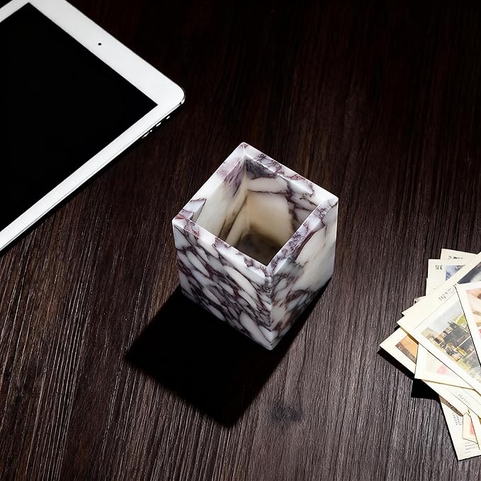 Marble Pen Holder, White Stone Rectangular Desktop Organizer, Office Study Makeup Brush Storage, Home Desk Decor, Minimalist Design, Durable Marble Accessory