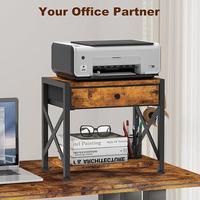 EasyCom 2-Tier Desktop Printer Stand with Large Drawer, Under Desk Storage with Wheels, Small Shelf with Storage for Paper Storage Printer Scanner Fax Home Office Use Rustic Brown