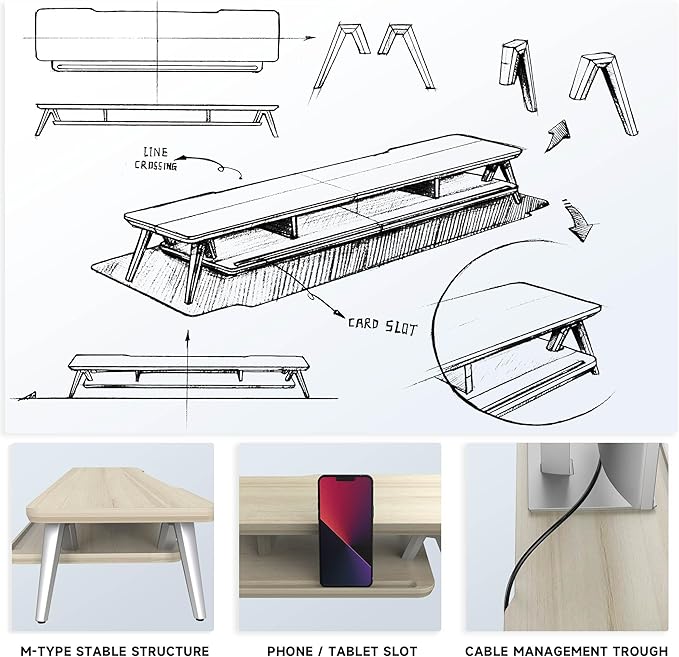 Fenge Dual Monitor Stand, Monitor Stands Riser for 2 monitors, 42.5 Inch Wood Desk Shelf with Storage Organizer and Cable Management for Office Desk Accessories