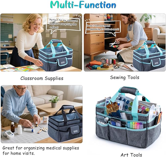 Art Supply Organizer Tote Bag – Craft Caddy with Handle, Utility Storage Tote with Multiple Pockets & Adjustable Divider for Sewing, Scrapbooking, School, Office, Medical Supplies