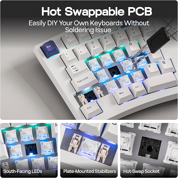 MechLands Feker Alice98 Ergonomic 98 Keys Custom Mechanical Keyboard, VIA Programmable, USB-C Wired Gaming Keyboard, Hot Swappable, 5 Layer Paddings, Control Knob, NKRO, RGB for Win/Mac (White)