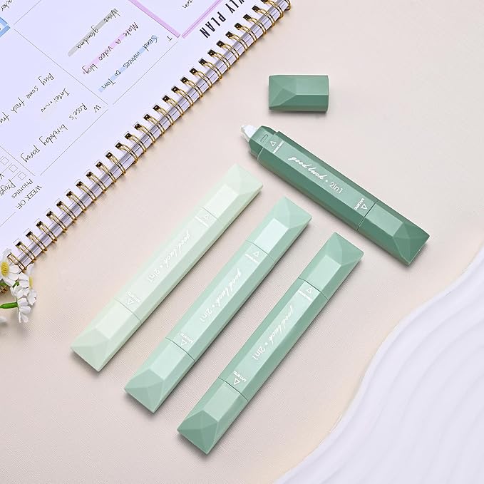 Temiary 4 Pcs 2 in 1 White Correction Tape and Double Sided Roller Set, Aesthetic Smooth Pull Out Tapes with Adhesive Glue Tape Roller Runner for School Office Supplies (Green)