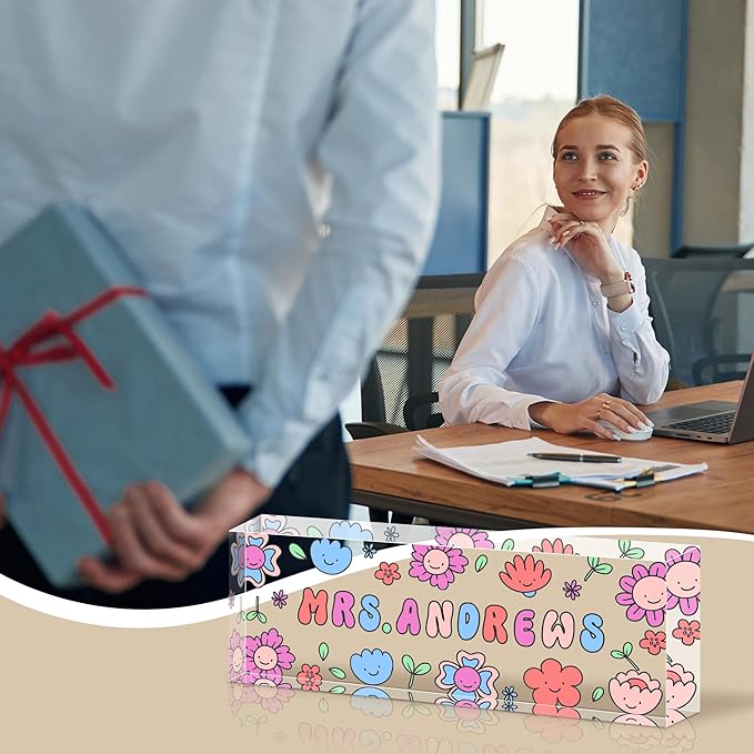 Personalized Name Plate for Desk, Custom Acrylic Desk Name Sign, Office Appreciation Gifts for Women Men Coworkers Boss Teacher Employee (Teacher)