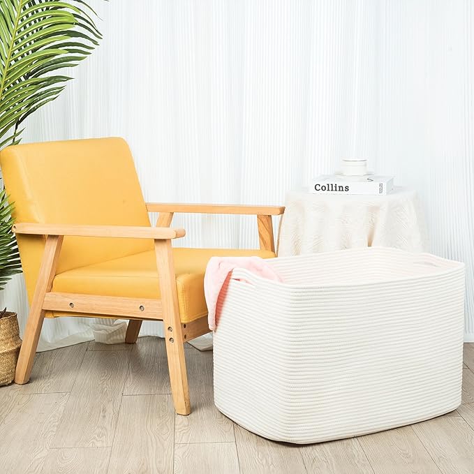 MINTWOOD Design 112L Extra Large Blanket Basket Holder Living Room, 25"x17"x16" Rectangle Rope Woven Storage Basket with Handles for Laundry, Towels, Shoes, Dog Toy Organizer Bin Box, Creamy White