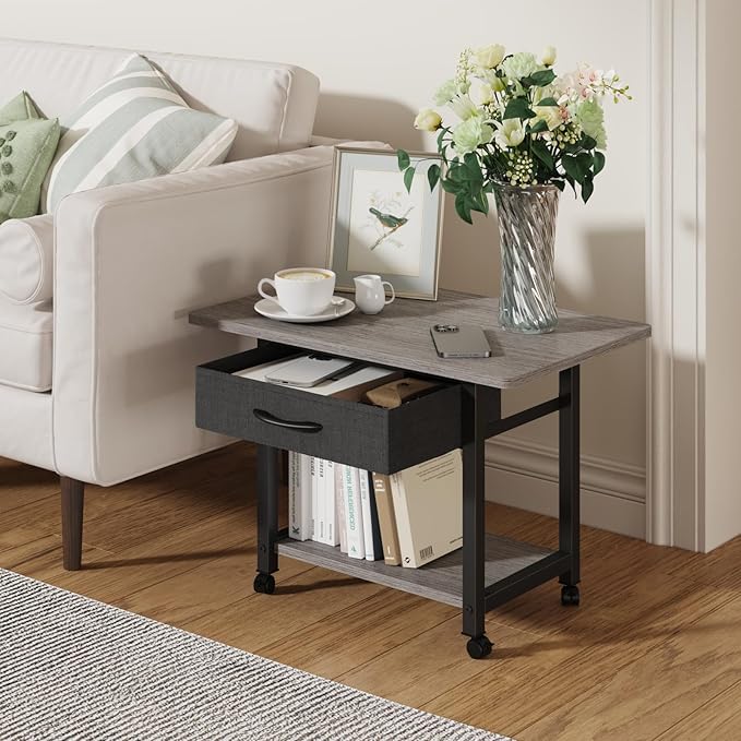 YAOHUOO 22"x15" Large Printer Stand with Storage Drawer, 2-Tier Under Desk Printer Table for Home Office, Printer Cart fit Fax Machine/3D Printer/Scanner(Gray)