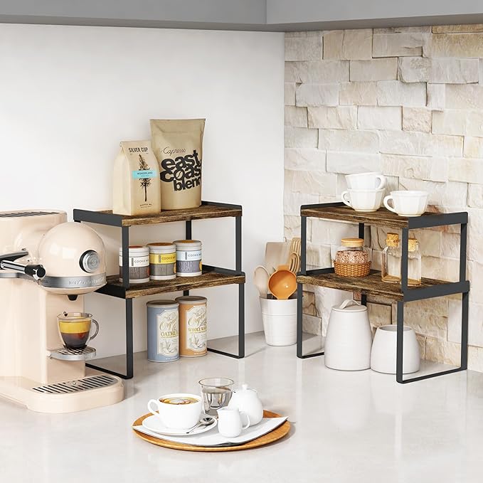 Kitchen Cabinet Organizers and Storage Shelves, Rustic Farmhouse Desk Shelf Riser for Cabinets, Black Expandable Corner Glasses Medicine Cabinet Organizer under Bathroom Sink - Set of 4