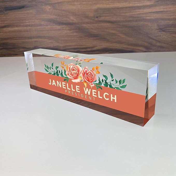 Artblox Office Desk Name Plate Personalized | Custom Name Plates for Desks | Orange Roses Design On Clear Acrylic Glass | Cute Office Desk Accessories Customized Gifts - (8" x 2.5").