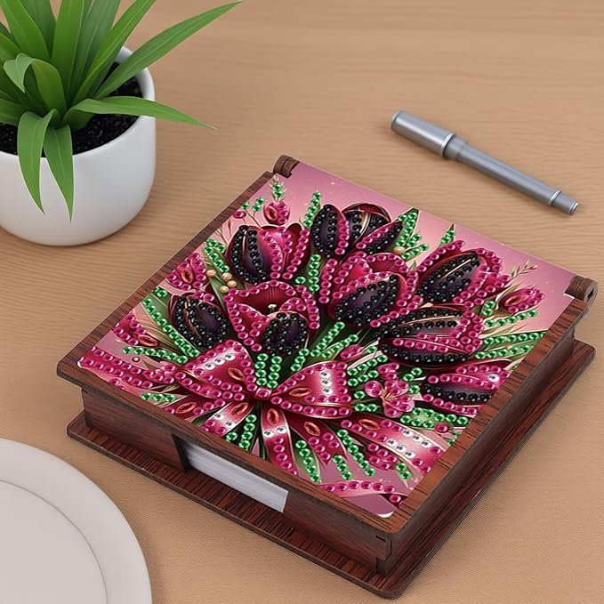 Wooden DIY Tulip Bouquet Diamond Art Notecard Box – DIY Gem Art Sticky Note Holder for Adults 160 Sheets Memo Pad Storage