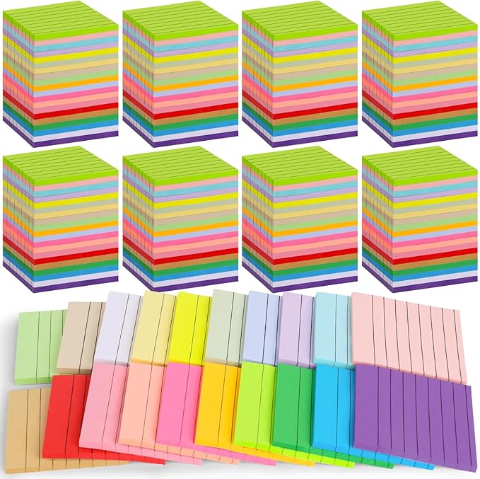 100 Pack Lined Sticky Notes Bulk 3 x 3 In Self-Stick Note Pads Colorful Posted Note in 20 Colors Adhesive Paper Memo 50Sheets/Pad Easy to Post for Office Home School Meetings Notebook Wall Door Window