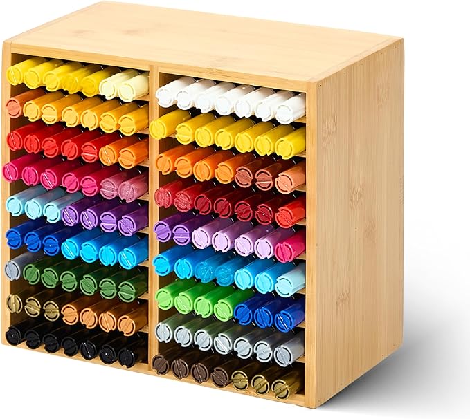 MEEDEN Bamboo Marker Holder Organizer: Holds 126 Pens with 18 Compartments- Art Supply Storage & Holder for Alcohol Markers，Pens，Pencils