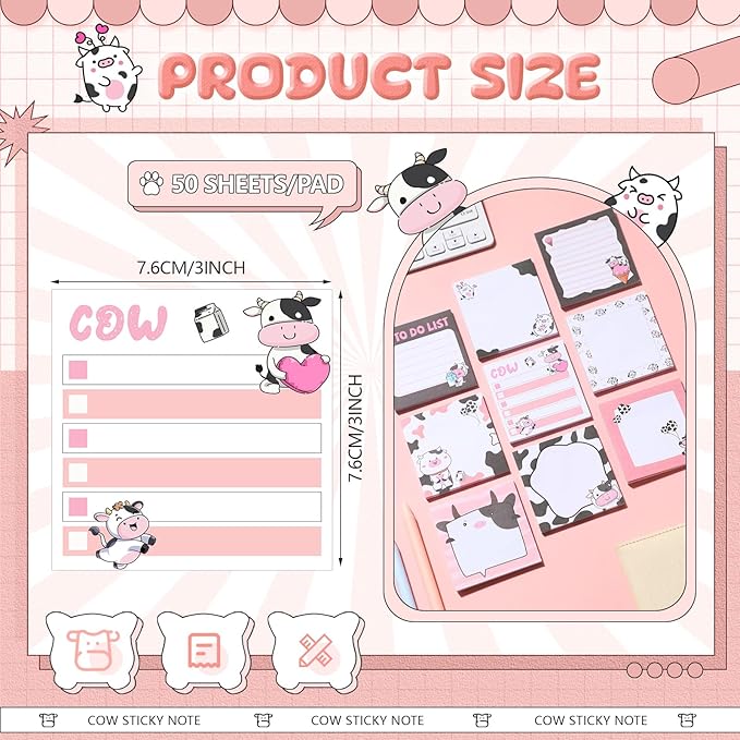 9 Pads Cow Sticky Notes 3x3 Inch Cute Self Stick Notepads Notes Adhesive Memo Pad Office Decor Gifts for Students School Teacher Meeting Office Supplies