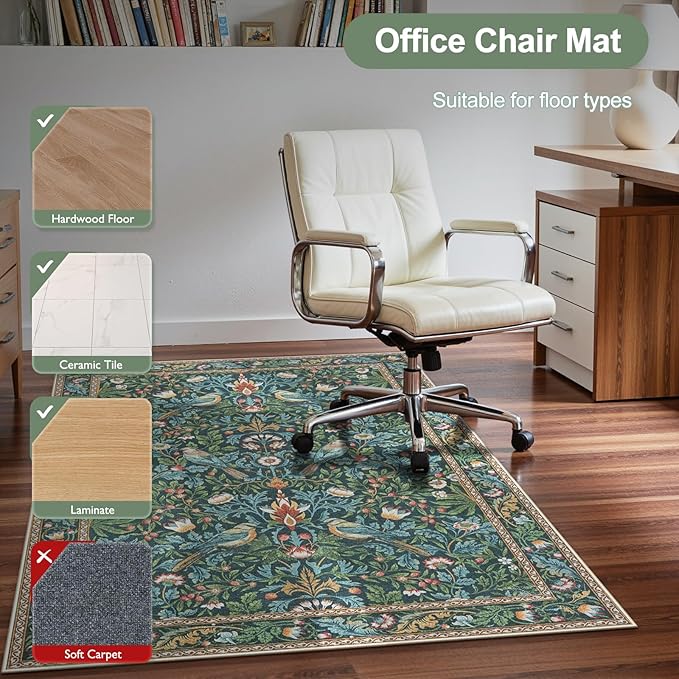 Anidaroel 48"x60" Office Chair Mat for Hardwood Floor, Anti-Slip Floor Mat for Office Chair, Vintage Floral Bird Desk Floor Mat, Low Plie Office Rugs for Rolling Chairs, Navy Blue
