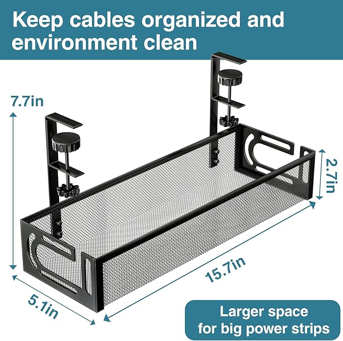 No Drill Under Desk Cable Management Tray, SONATURE 15.7" Cord Organizer for Table, Clamp Mount Desk Cable Management, Premium Carbon Steel Cable Organizer for Office, Home (Black)