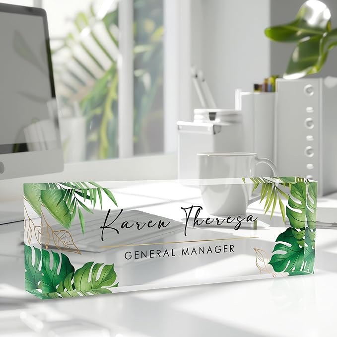 Custom Office Name Plate, Personalized Gifts for Women & Men, Appreciation Gifts for Employees, Office Desk Accessories (Green Plants)