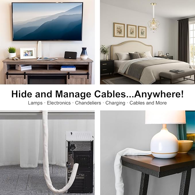 Chandelier Chain Cover White 2 Pack with Touch Fasteners,39.37inches Brushed Polyester Fabric Chain Sleeve for TV Cord Cover Decorative Cord Hider Easy Install Convenient for Wire Management