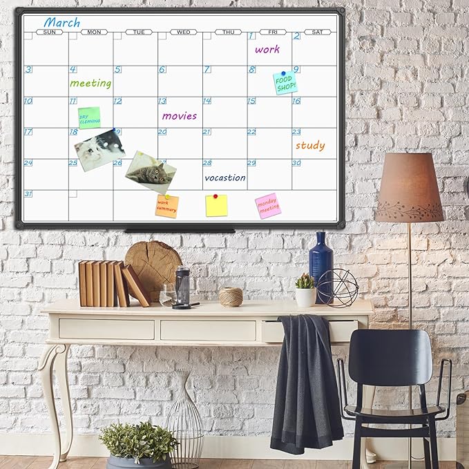 JILoffice Dry Erase Calendar Whiteboard - Magnetic White Board Calendar Monthly 48 X 36 Inch, Black Aluminum Frame Wall Mounted Board for Office Home and School