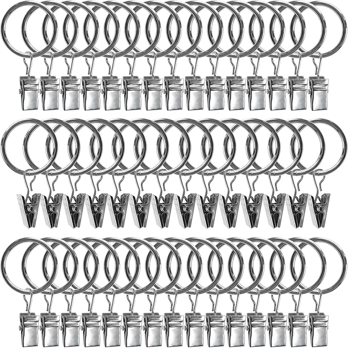 AMZSEVEN 44 Pack Metal Curtain Rings with Clips, Drapery Clips with Rings, Drapes Rings 1 inch Inner Diameter, Fits Diameter 5/8 inch Curtain Rods, Silver
