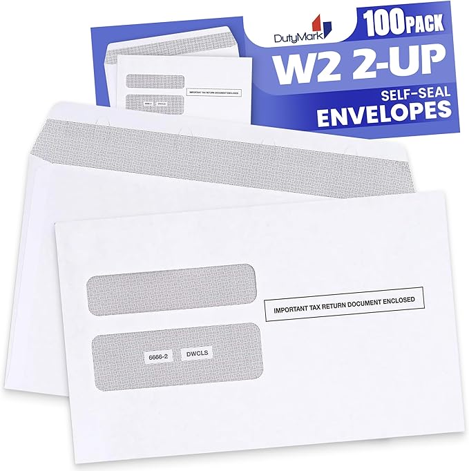100 W2 Envelopes, Self Seal for W2 2-Up Forms, Double Window Security Envelope Designed for Printed W2 Laser Forms from QuickBooks Desktop and Other Tax Software, 5 5/8’’ x 9’’, 100 Pack
