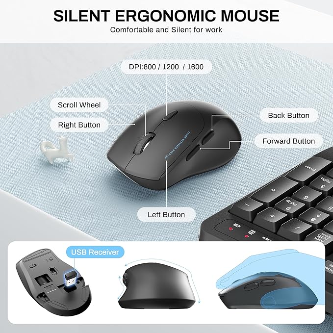 Wireless Keyboard and Mouse Combo,2.4G Full Size Wave Keys Ergonomic Keyboard with Wrist Rest for Natural Typing, 3 DPI Adjustable Ergonomic Silent Mouse for Computer/Laptop/Windows/Mac (Gray)