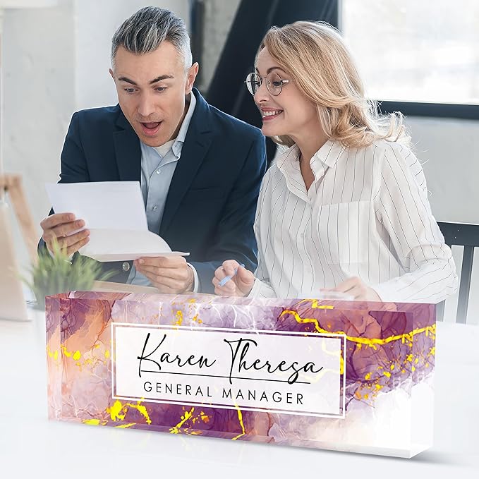 Custom Office Name Plate, Personalized Gifts for Women & Employees, Office Desk Accessory (Purple Marble)