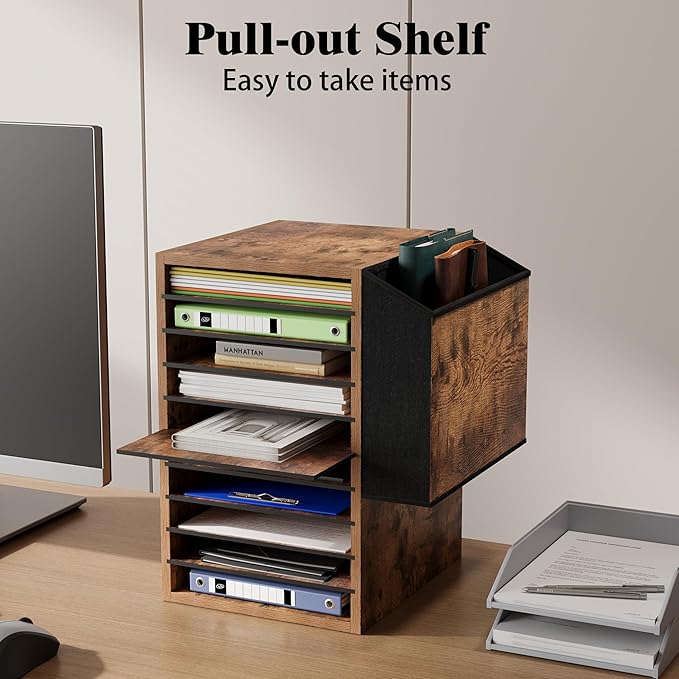 Office Mail Sorter, Wooden Paper Organizer with Storage Bag, 10 Tier Adjustable Classroom Mailbox, Removable Classroom Organization, Teacher Desk Organization for Office, Study, Brown