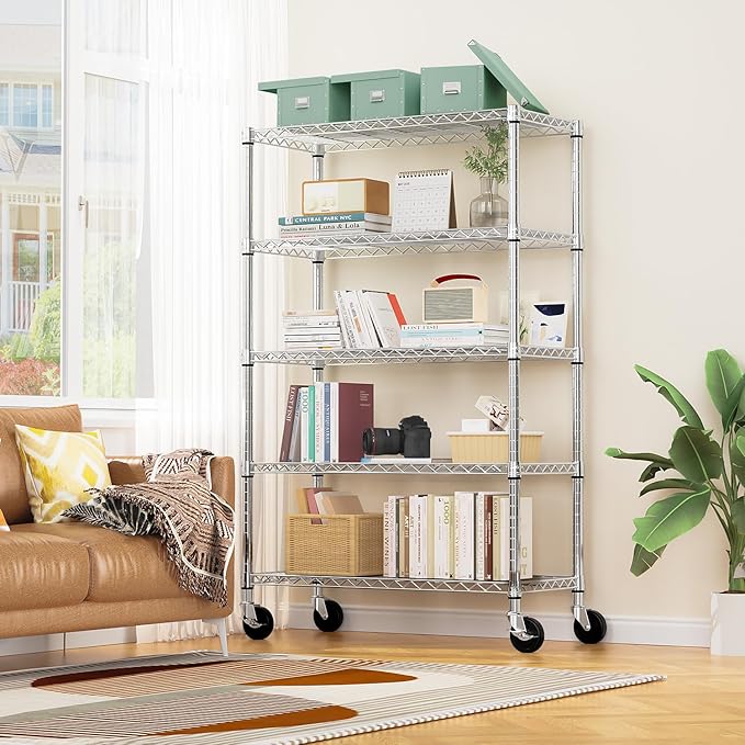 5-Shelf Storage Shelves,Wire Shelving Heavy Duty Metal Storage Shelving Unit Adjustable Garage Shelving Rack Pantry Kitchen (Chrome, 5 Tier,17.7" D x 47.2" W x 76.7" H)