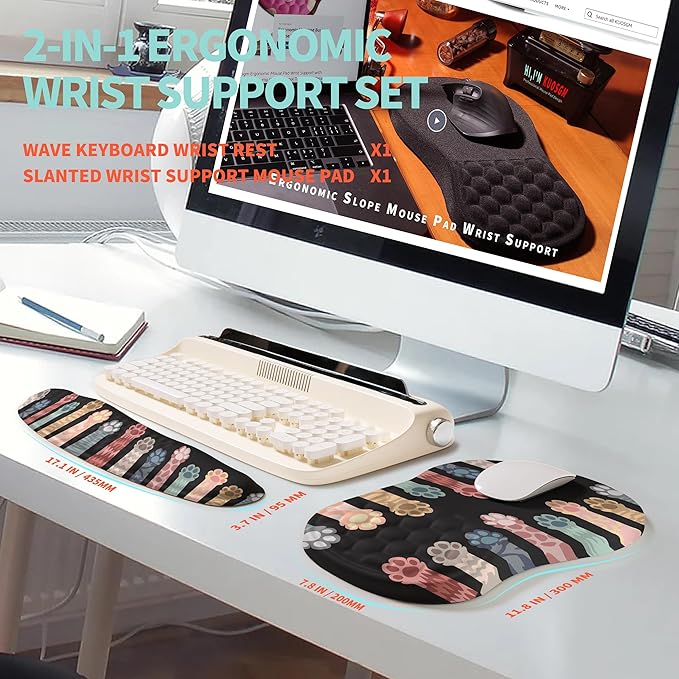 2-in-1 Ergonomic Set, Wave Rise Keyboard Wrist Rest and Massage Bulge Slope Mouse Pad Wrist Support, Cushion Memory Foam Integrated to Relieve Wrist Pain, Multicolour Cat Claws