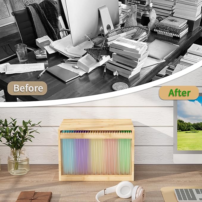 Natural Bamboo & Acrylic File Box with Removable Lid, Modern File Organizer Box for Letter/Legal Files, Hanging File Box with Easy Assembly & Dustproof Storage for Home Office