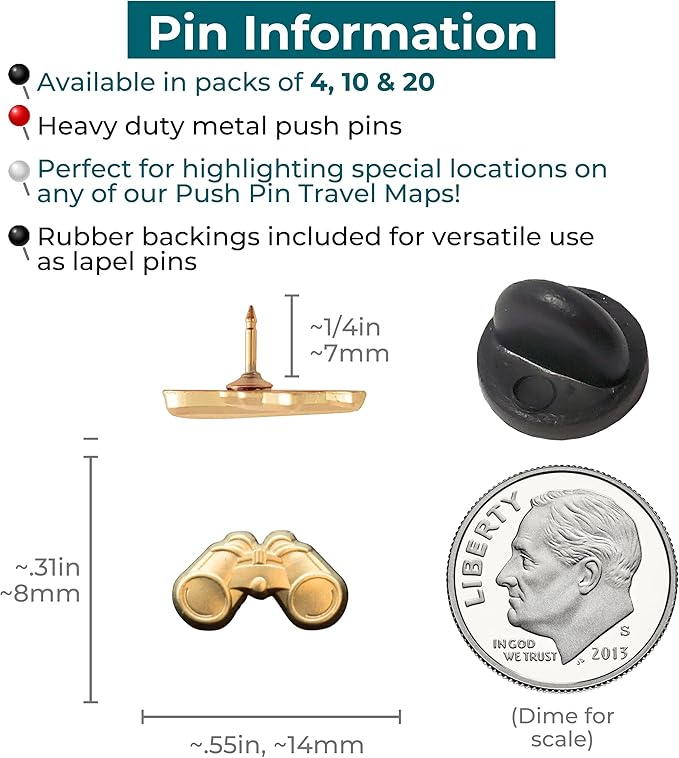 Binoculars Push Pins - Gold Bird Watching Map Pins for Cork Boards, Maps, or Lapel Use - Designed in USA - Set of 20