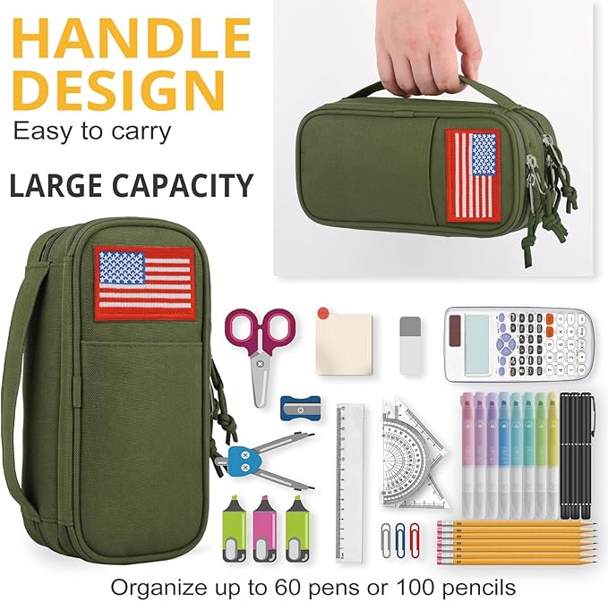 ATRIPACK Tactical Pencil Case for Boy,Large Capacity Pencil Pouch,Marker Organizer Case Pen Box, Tool Bag Desk Organizer for School College Office Organizers for Kids Men Women Adult Teens(Green)