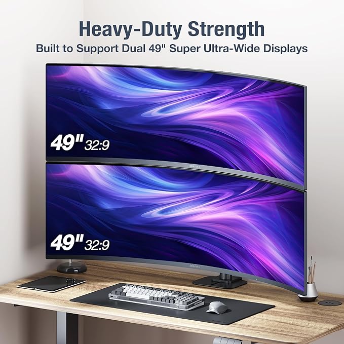 AVLT Dual 49 Inch Stacking Monitor Pole Mount - Stack 44 lbs Super Ultrawide Screens on Heavy-Duty Pole, Height Tilt Swivel Rotate Adjustment, C-clamp and Grommet Mounting Base, VESA Compatible