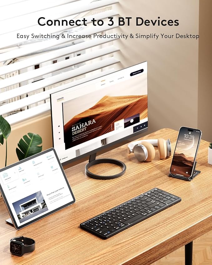 Samsers Foldable Bluetooth Keyboard with Numeric Keypad, Full-Size Wireless Folding Keyboards with PU Leather, Portable Travel for iOS Android Windows Mac OS, Support 3 Device(BT5.1 x 3)-Black