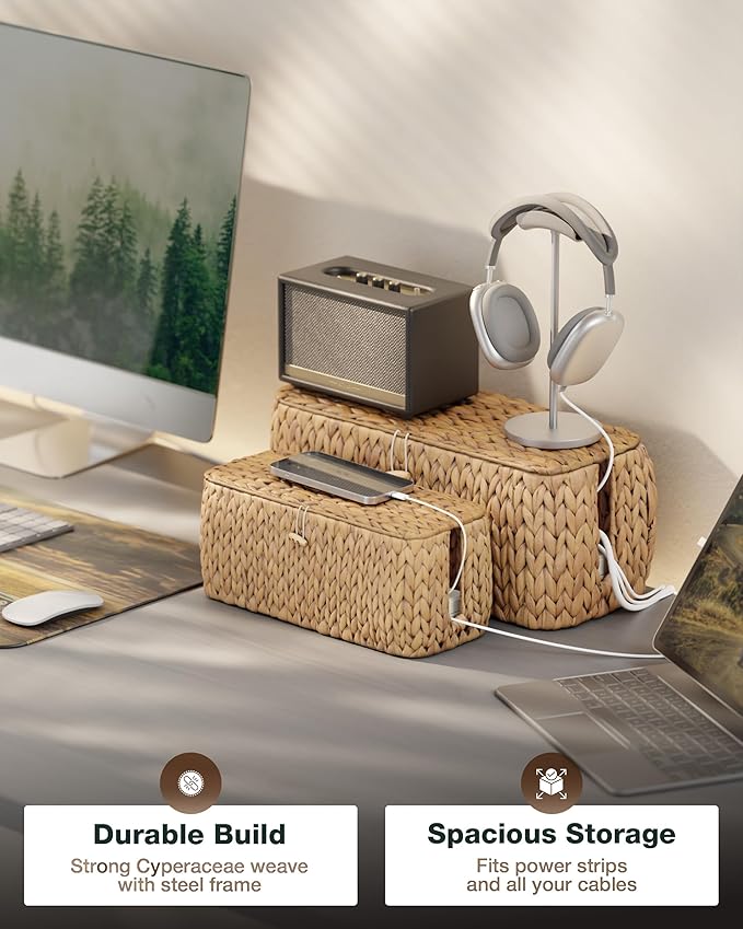Large Cable Management Box, Natural Rattan Cable Cord Organizer Boxes for Power Strip – 2 Open Slots Cords Hider Box for TV Wires, Computer, Router, USB Hub and Under Desk Power Strip (Hyacinth)