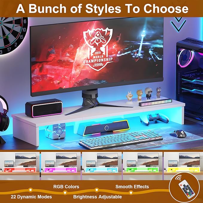 Dual Monitor Stand Riser for Desk with LED Lights, Large Computer Monitor Stand for 2 Monitors, Desk Shelf for Top of Desk, Desktop Organizer for Computer, Laptop, Printer, TV