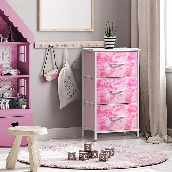 Sorbus Nightstand Storage Organizer Chest with 3 Drawers - Kids Girls, Boys Bedroom Furniture Chest for Clothes, Closet Organization - Steel Frame, Wood Top, Tie-dye Fabric Bin (3-Drawer, Pink)