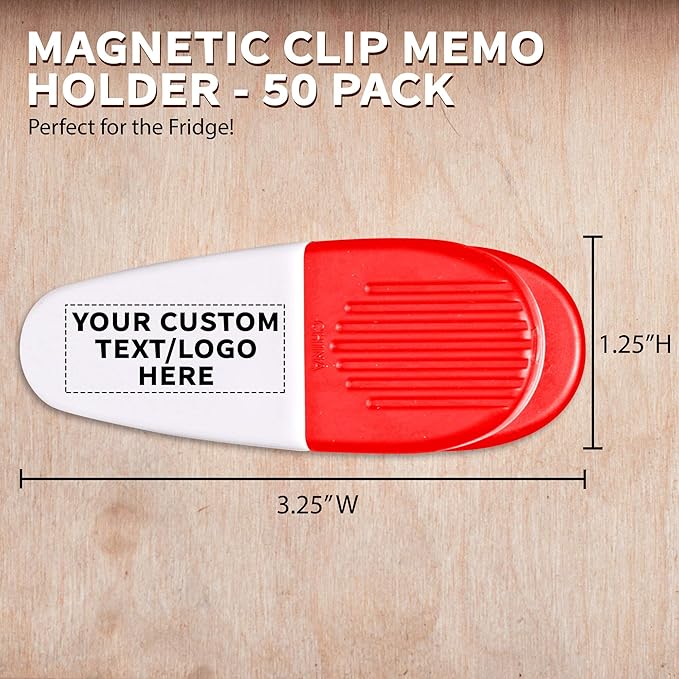 50 Magnetic Memo Holders Set - Customizable Text, Logo - Large Clip, Plastic - White Red