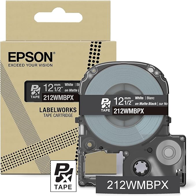 Epson LABELWORKS 212WMBPX Genuine PET (Polyester) Tape Cartridge - White on Black Matte Designer Craft Label Maker Tape - 1/2" (12MM) Wide, 26'